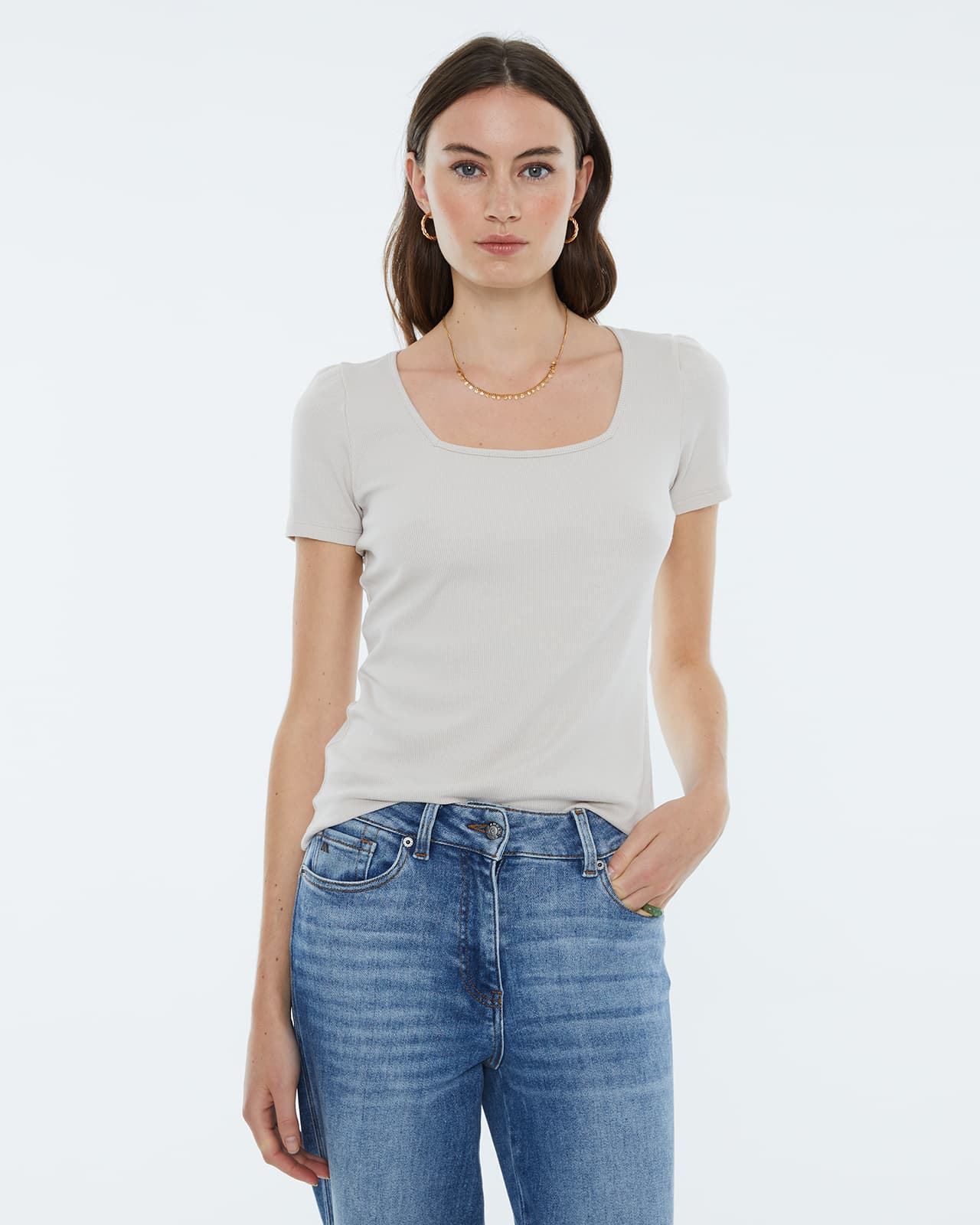 Camiseta canalé beige - Imagen 1